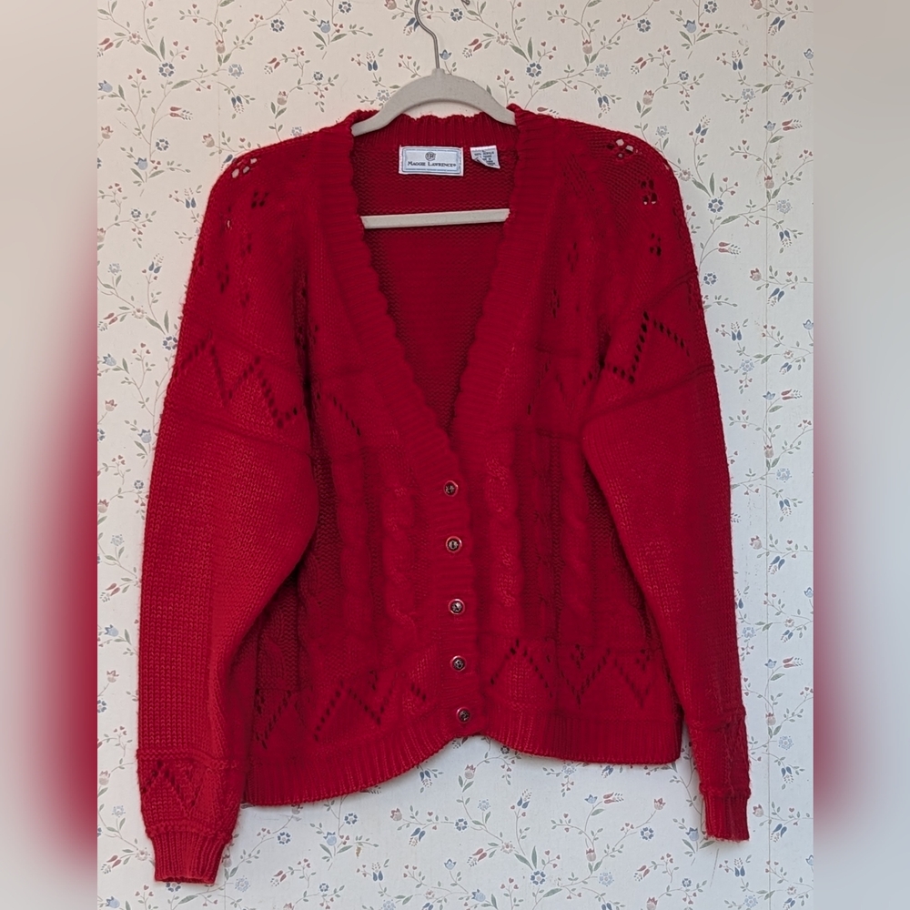 Vintage Sweater L Knit Red Cardigan Fancy Buttons Grandma Preppy Academia
